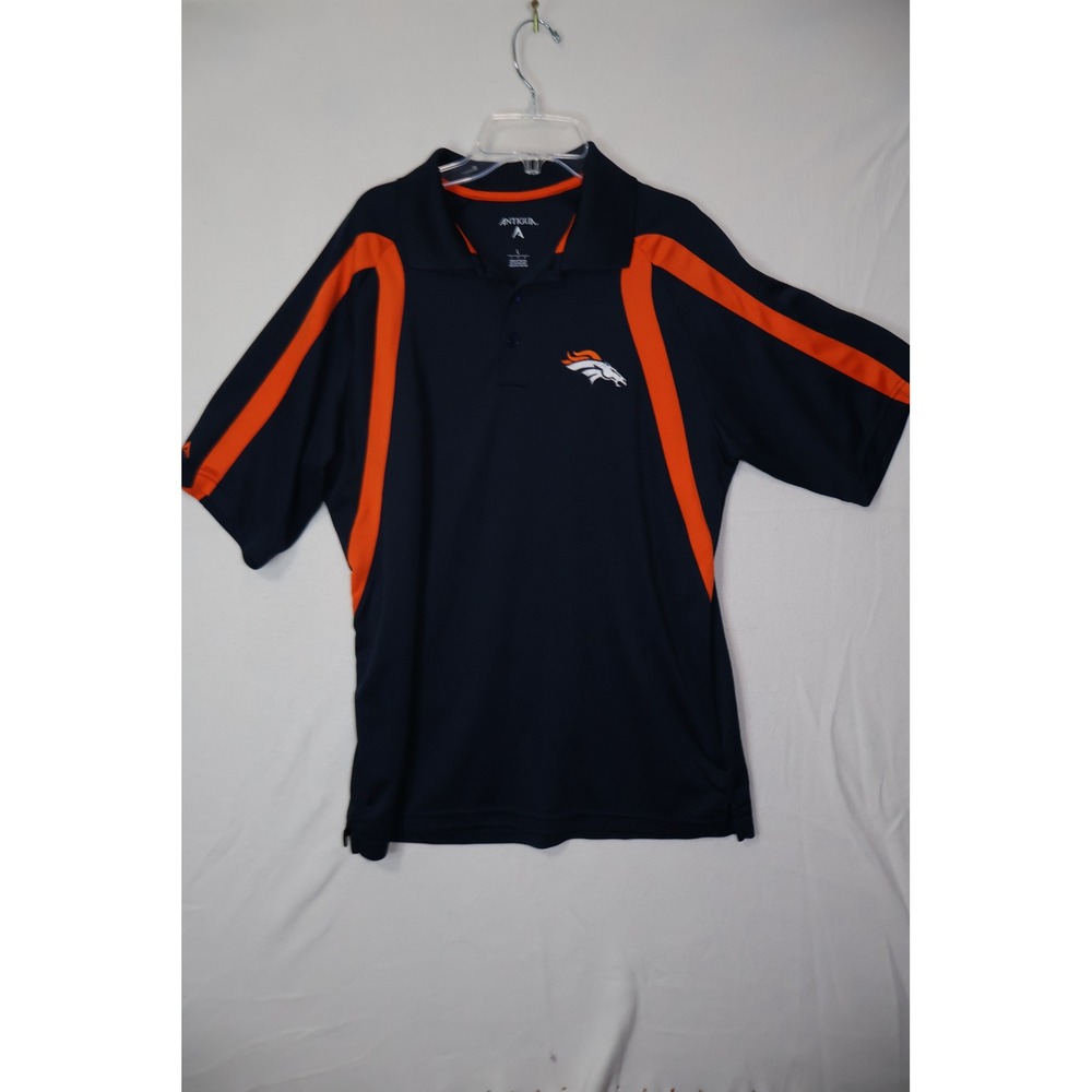 Antigua Denver Broncos‎ Mens Large Navy Blue Orange Performance Polo Shirt NFL - Picture 2 of 5